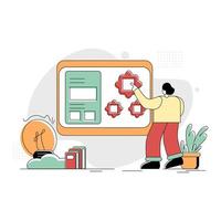 Flat Illustration Vector Graphic of Creative Teaching, the concept of a man teaching putting puzzles on the board, Retro style minimal green red yellow, perfect for ui ux development, web