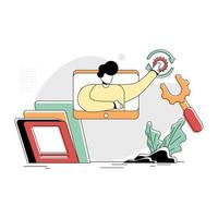 Flat Illustration Vector Graphic of Retraining, concept of a man doing a re-examination on a computer, Retro style minimal green red yellow color, perfect for ui ux development, web