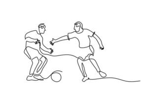 One continuous single line boys playing football on white background vector