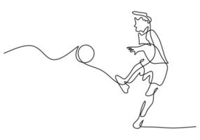 One continuous single line of boy kick ball high on white background. vector