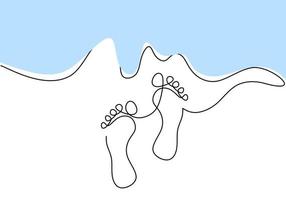 One continuous single line of foot sole on sand on white background. vector