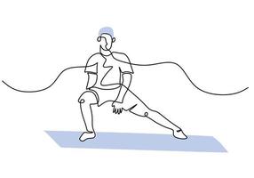 One continuous single line of man stretching leg at home