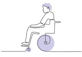 una sola línea continua de hombre en silla de ruedas sobre fondo blanco. vector