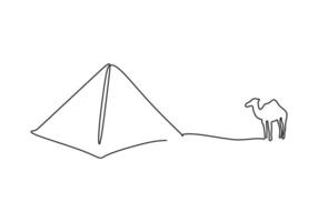 One continuous single line of camel and pyramid on white background. vector