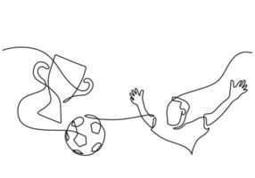 One continuous single line of football player do celebration with cup vector