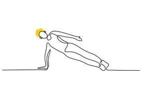 One continuous single line of man side plank fitness vector