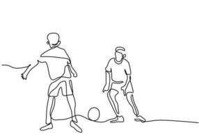 One continuous single line boys playing football on white background vector