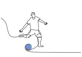 One continuous single line of man kick a ball on white background. vector