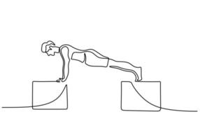 One continuous single line of man push up at home with chair vector