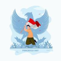 Flat design a young man with red and white flag for Pancasila day vector
