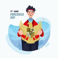 diseño plano de un hombre con el emblema de garuda para el día de la pancasila indonesia vector