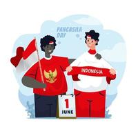 Flat design of two youths with different ethnicities celebrating Pancasila Day vector