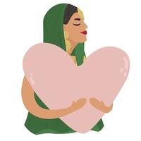 Indian woman hugs a heart with love and care. Girl holds pink heart in hands. Love yourself, body positive, self care concept. Feminism, fight for your rights, girl power concept. Fall in love vector