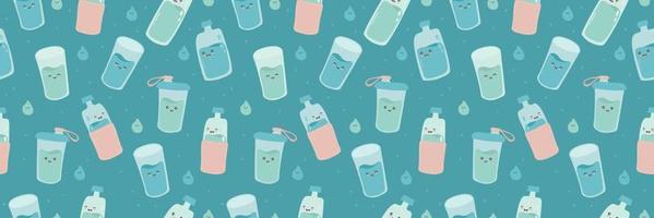 Borde horizontal sin costuras, banner web con lindas botellas y vasos divertidos y felices. agua de carácter kawaii de dibujos animados vectoriales. beber más agua cada día concepto. vector