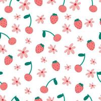 cherry flowers seamless pattern. Summer berries, fruits, leaves, flowers fresh background. Vector illustration for spring cover, tropical wallpaper texture, backdrop