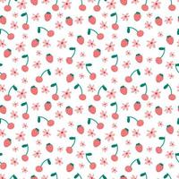 cherry strawberry flowers summer seamless pattern. Summer berries, fruits, leaves, flowers fresh background. Vector illustration for spring cover, tropical wallpaper texture, backdrop