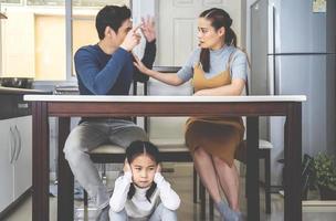 hijita asiática triste y tapa los oídos debajo de la mesa mientras los padres pelean en la cocina, diseño de fotos para problemas familiares y concepto infeliz