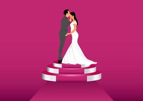 graphics image Bride And Groom Couple Wedding Dress Standing on Podium Pink color tone vector illustration