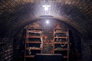 viejo sótano abandonado con estanterías cubiertas de telaraña, sombrío sótano frío con una atmósfera espeluznante foto