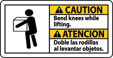 Precaución doble las rodillas mientras levanta el cartel sobre fondo blanco. vector