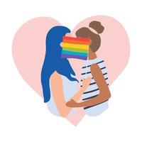 Two girls kiss for an LGBT flag on pink heart . Lesbians. Pride Month. Woman with long blue hair and lock of hair. Vector illustration isolated on white background.
