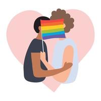 dos niños se besan por una bandera lgbt en un corazón rosa. personas homosexuales ilustración vectorial aislado sobre fondo blanco. vector