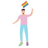 Boy in pink T-shirt taking part in pride parade. Pride Month. Man demonstration for LGBT rights. Activist . Colorful vector illustration in flat style. Isolated on white background.