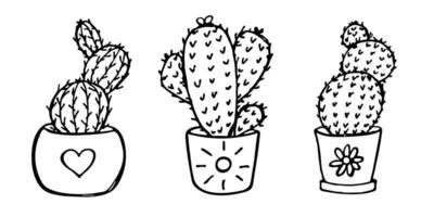 conjunto de lindos cactus simples dibujados a mano. planta de interior en una maceta clipart. ilustración de cactus garabato hogareño acogedor. vector