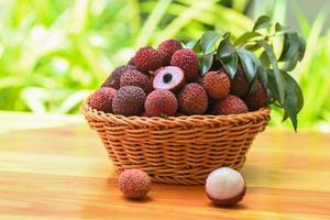 Lychee fruit on basket with green leaf and wooden background, fresh ripe lychee peeled from lychee tree at tropical fruit Thailand in summer photo