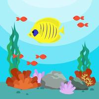 Cartoon underwater sea landscape with fishes and seaweed. Vector background. Flat design