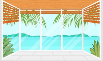 Panoramic window. Interior of empty room with a view to ocean landscape. Tropical resort apartments with big window. Colorful summer background