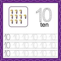 Educational maths worksheets. Toucan. Trace the line. Number ten vector