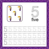 Educational maths worksheets. Toucan. Trace the line. Number five vector