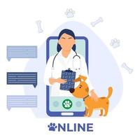 Veterinary doctor online consultation. Veterinary clinic website. Vet Doctor online.Cell phone. Online veterinarian communication. Modern healthcare technologies. Dog. vector
