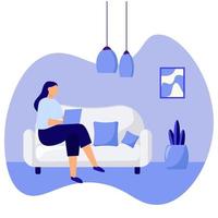 Girl with laptop sitting on the sofa. Freelance concept. vector