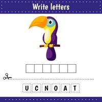 Educational game for kids. Crossword. Toucan. Guess the word. Education developing worksheet. vector