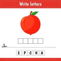 Educational game for kids. Crossword Fruits. Peach. Guess the word. Education developing worksheet. Learning game for kids. vector