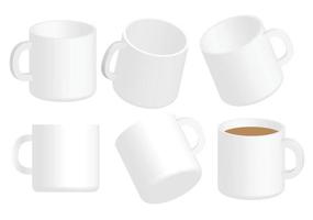 Set of ceramic mugs isolated on white background.Coffee cups from different sides.White empty glass mockup.Realistic vector illustration.Sign, symbol, icon or logo isolated.Banner design.