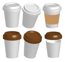 Mockup brown coffee cup isolated on white.Vector illustration.Top view of white glass.Front view.Open and close. vector