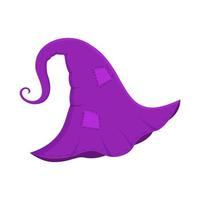 Old purple witch or wizard hat with patches. Halloween party costume element vector