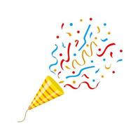 Exploding party popper cone with confetti isolated on white background. Festive concept. Celebration, holiday, birthday, Christmas, New Year symbol vector