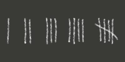 Chalk drawn tally marks on black background. Day counting sticks on prison wall or chalkboard. Unary numeral system signs vector