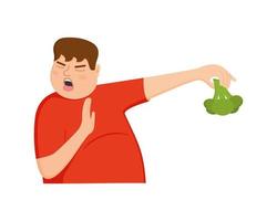 Young fat man refuse eating broccoli. Guy with refusing gesture, facial expression of disgust. Picky food eater vector