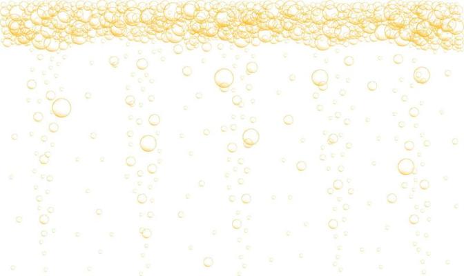 Golden bubbles stream on transparent background. Fizzy carbonated drink, champagne, seltzer, beer, soda, cola, lemonade, sparkling wine texture