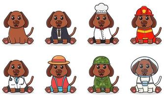 Vector illustration of cute Dog with costume. Cute little dog cartoon sitting. Dog with businessman, chef, firefighter, doctor,farmer, soldier and astronaut costume.Collection of funny Dog.