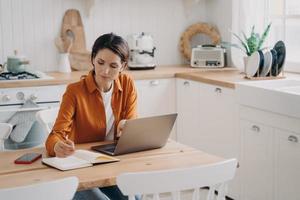 Concentrated young woman is entrepreneur and remote worker. Freelance and distance work concept. photo