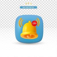 3d notification bell icon set isolated on white background. 3d render yellow ringing bell with new notification for social media reminder. Realistic vector icon