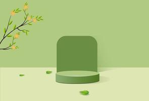 Abstract minimalistic podium with geometric shapes. cylindrical podium on green background and green plant leaves