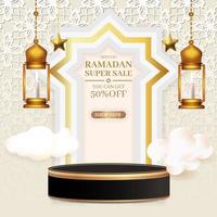 super venta ramadan kareem banner con un podio en blanco, sitio de redes sociales con linterna y nubes 3d vector