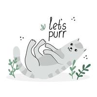 Card with a lovely cute purring cat. Hand drawn flat vector illustration and lettering. let's purr quote.